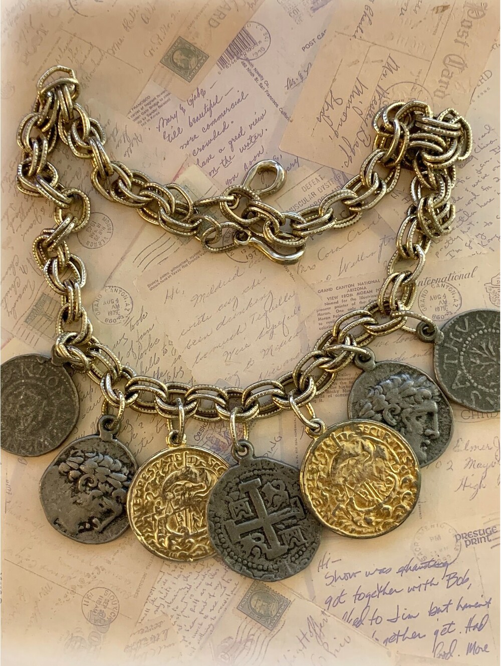 Vintage Antiquarian Coin Charm Necklace with Mixed Metal Classical Replicas